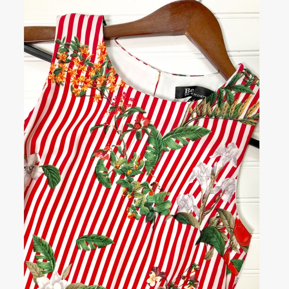 CHETTA B Red Striped Summer Floral Dress Tropical - Picture 3 of 6